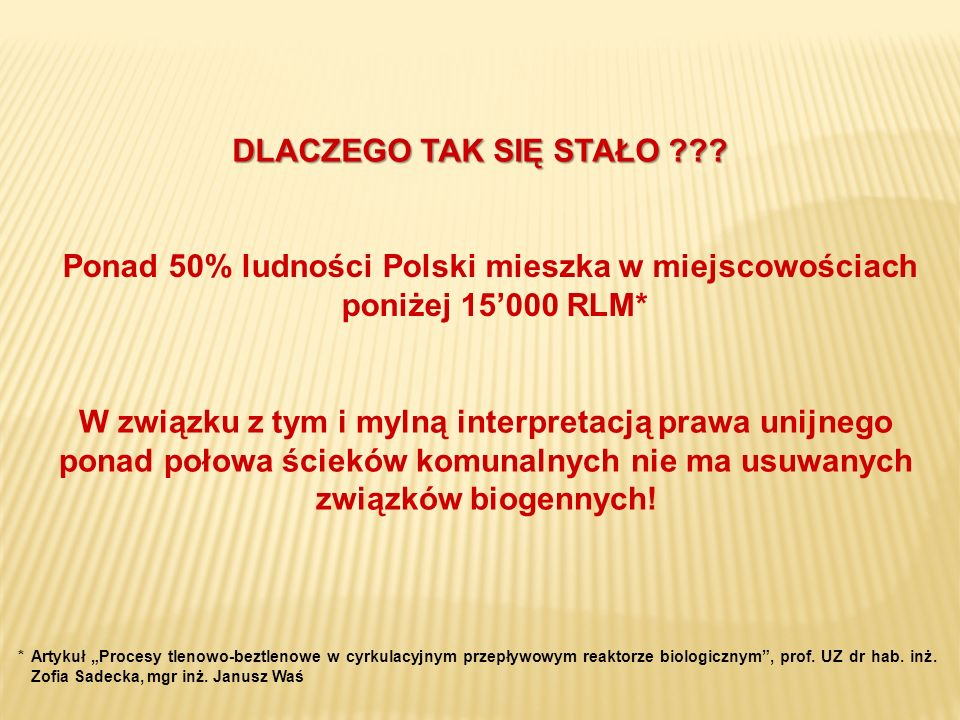 DLACZEGO TAK SIĘ STAŁO Ponad 50% ludności Polski mieszka w miejscowościach poniżej 15’000 RLM*