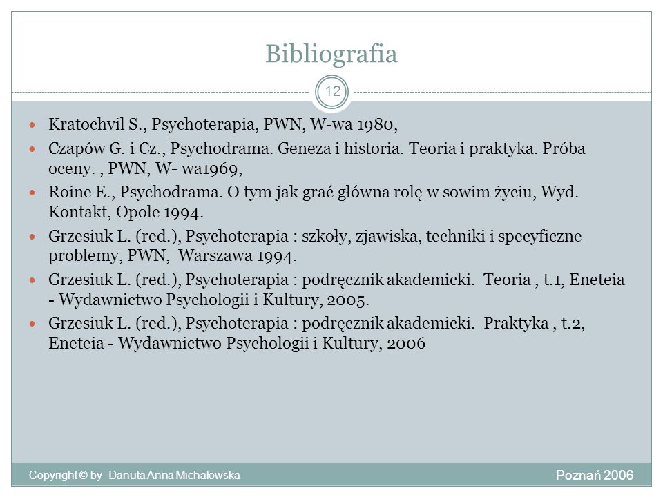 Bibliografia Kratochvil S., Psychoterapia, PWN, W-wa 1980,