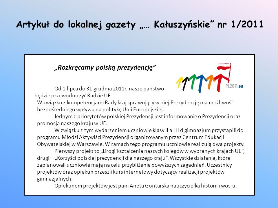 Artykuł do lokalnej gazety „… Kałuszyńskie nr 1/2011