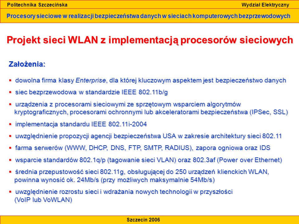 Projekt sieci WLAN z implementacją procesorów sieciowych