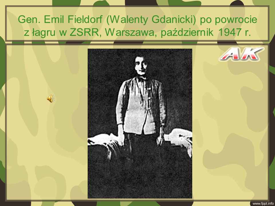 Gen. Emil Fieldorf (Walenty Gdanicki) po powrocie z łagru w ZSRR, Warszawa, październik 1947 r.