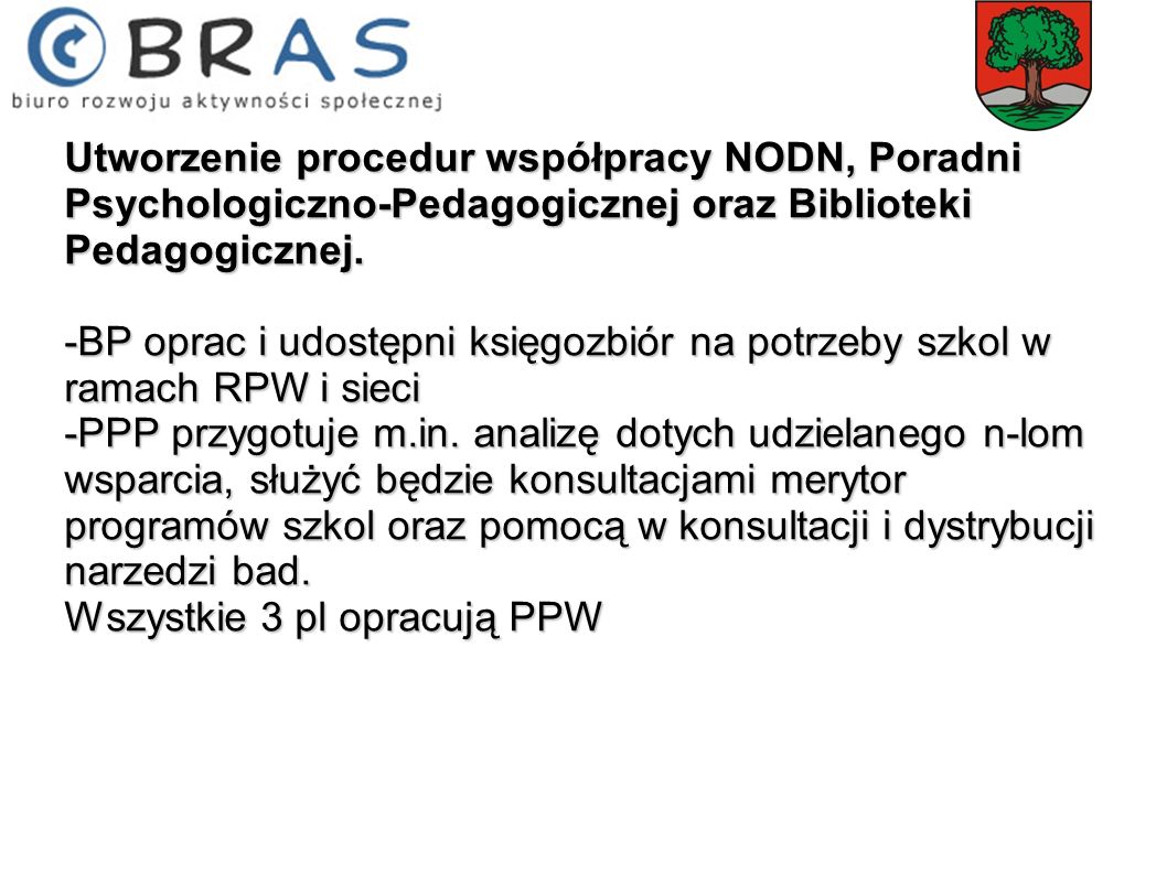 Utworzenie procedur współpracy NODN, Poradni Psychologiczno-Pedagogicznej oraz Biblioteki Pedagogicznej.