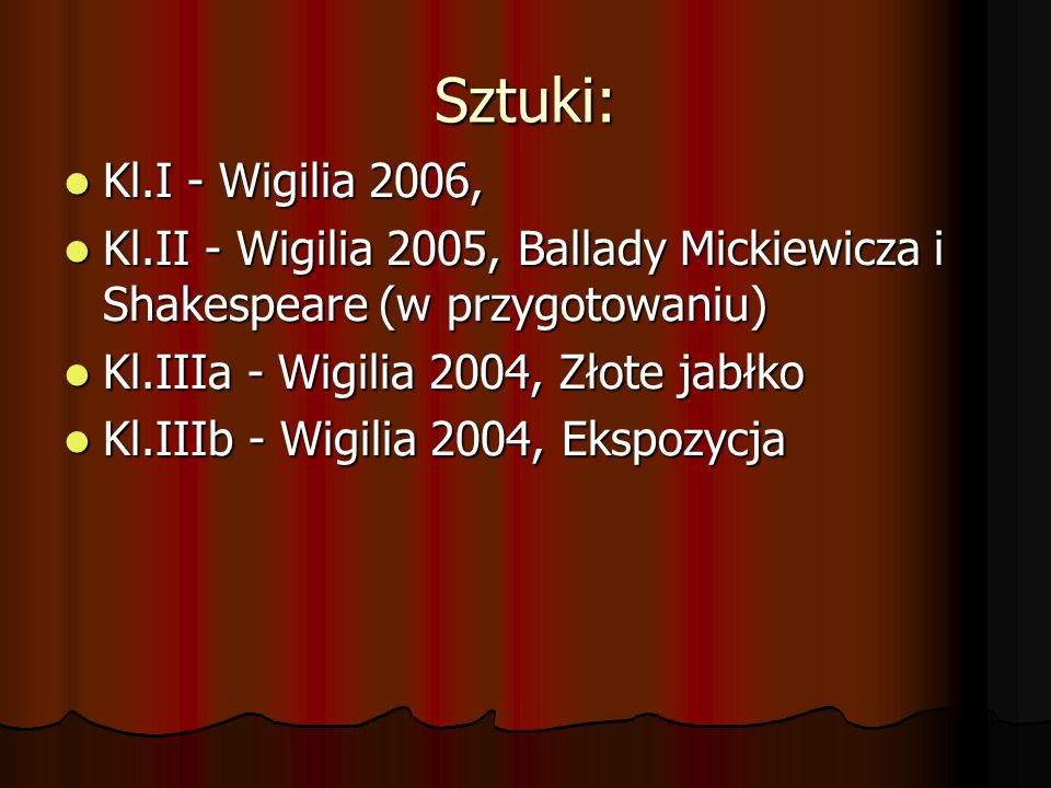 Sztuki: Kl.I - Wigilia 2006, Kl.II - Wigilia 2005, Ballady Mickiewicza i Shakespeare (w przygotowaniu)