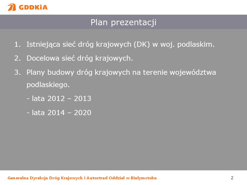 Plan prezentacji Istniejąca sieć dróg krajowych (DK) w woj. podlaskim.