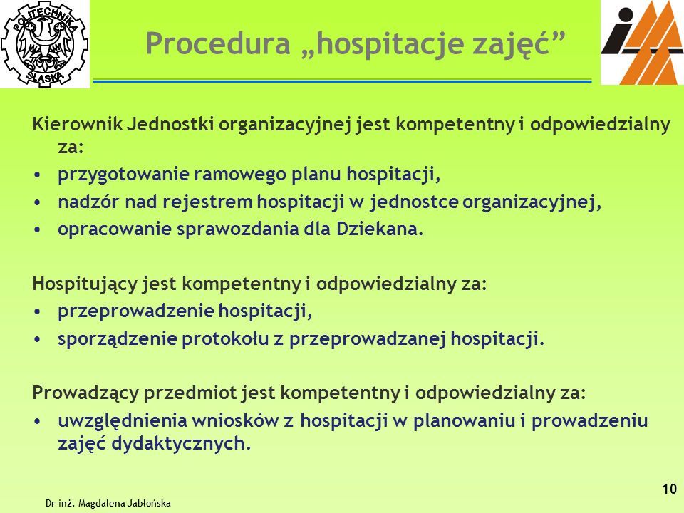 Procedura „hospitacje zajęć Dr inż. Magdalena Jabłońska