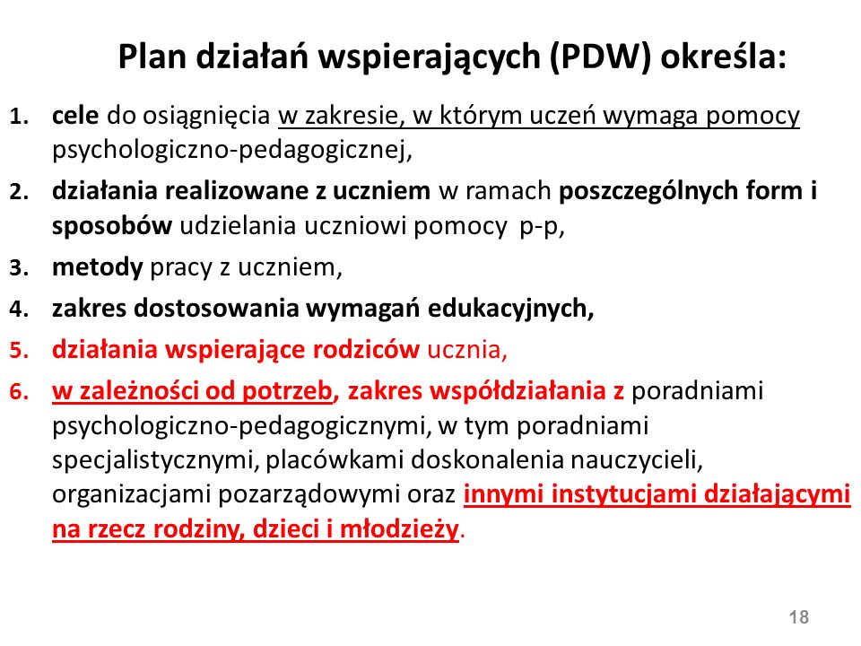 Plan działań wspierających (PDW) określa: