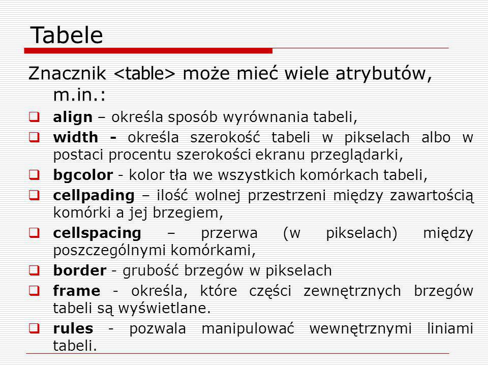 Tabele Znacznik <table> może mieć wiele atrybutów, m.in.: