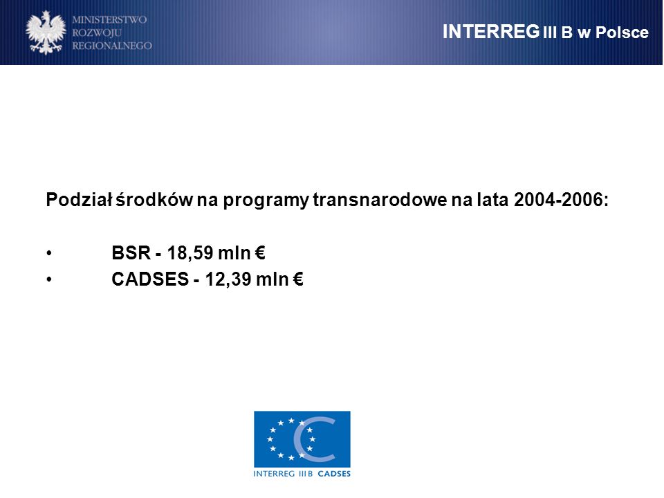 Podział środków na programy transnarodowe na lata :