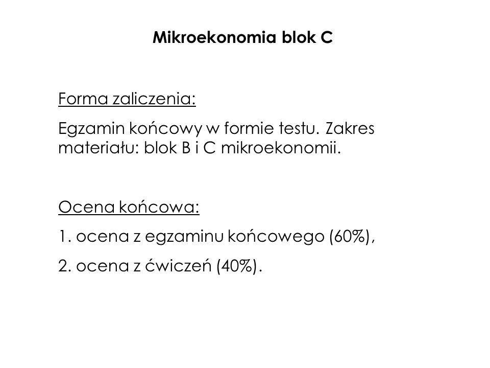 Mikroekonomia blok C Forma zaliczenia: Egzamin końcowy w formie testu. Zakres materiału: blok B i C mikroekonomii.