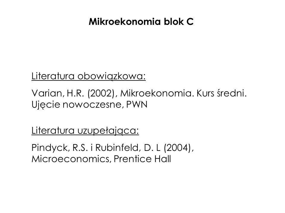 Mikroekonomia blok C Literatura obowiązkowa: Varian, H.R. (2002), Mikroekonomia. Kurs średni. Ujęcie nowoczesne, PWN.