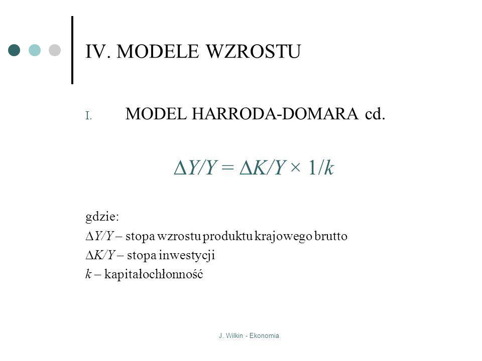 DY/Y = DK/Y × 1/k IV. MODELE WZROSTU MODEL HARRODA-DOMARA cd. gdzie:
