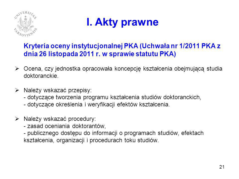 I. Akty prawne Kryteria oceny instytucjonalnej PKA (Uchwała nr 1/2011 PKA z dnia 26 listopada 2011 r. w sprawie statutu PKA)