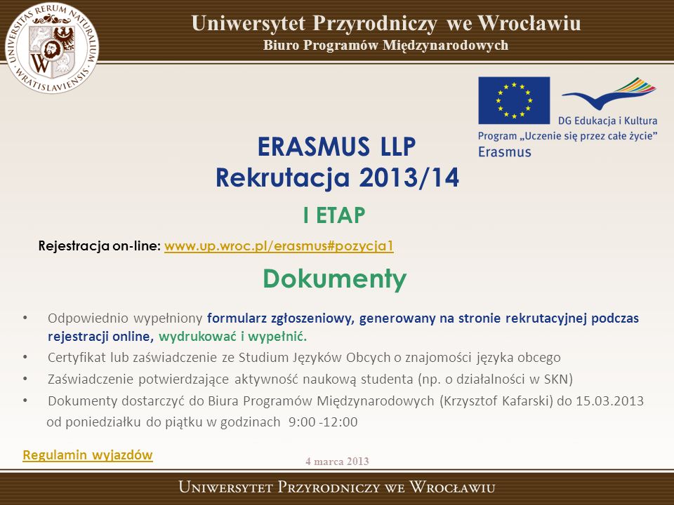 ERASMUS LLP Rekrutacja 2013/14 Dokumenty
