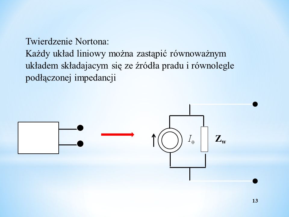 Twierdzenie Nortona: Każdy układ liniowy można zastąpić równoważnym układem składajacym się ze źródła pradu i równolegle podłączonej impedancji.