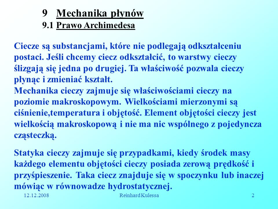 Mechanika płynów 9.1 Prawo Archimedesa