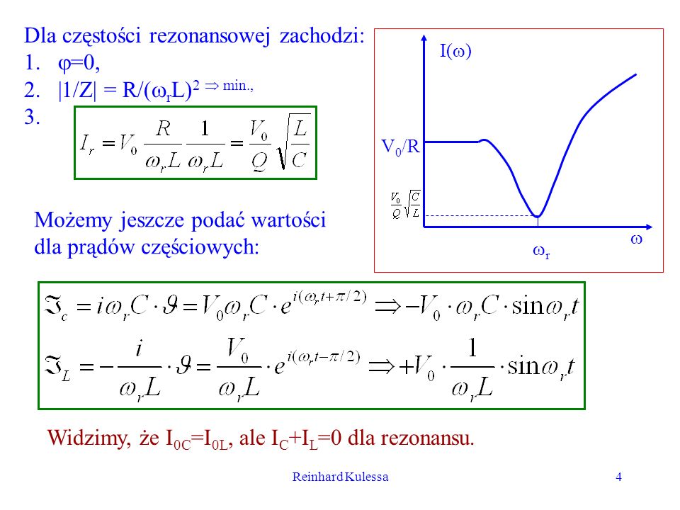Dla częstości rezonansowej zachodzi: =0, |1/Z| = R/(rL)2  min.,