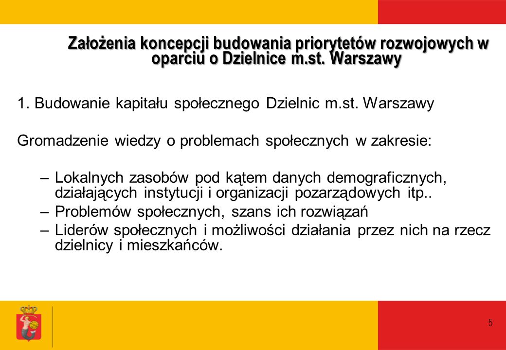 Założenia koncepcji budowania priorytetów rozwojowych w oparciu o Dzielnice m.st. Warszawy