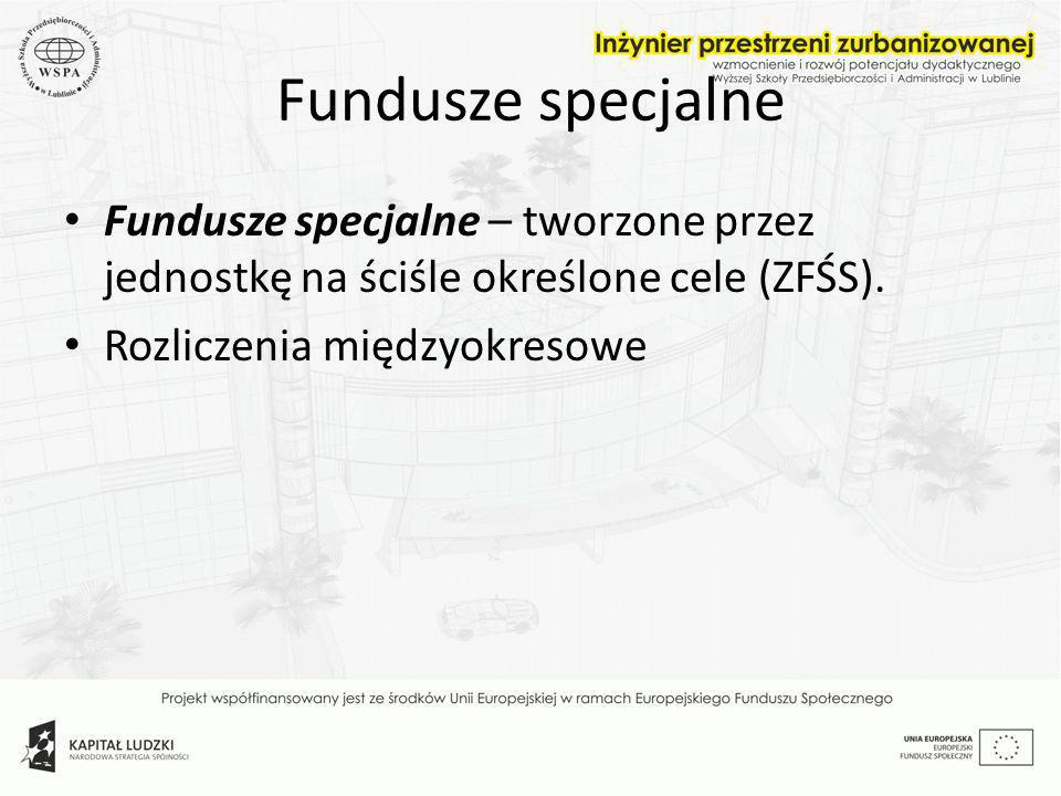 Fundusze specjalne Fundusze specjalne – tworzone przez jednostkę na ściśle określone cele (ZFŚS).