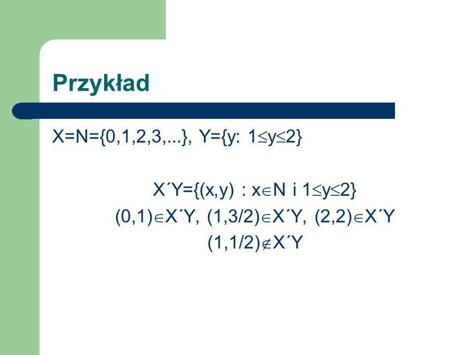 Przykład X=N={0,1,2,3,...}, Y={y: 1y2} X´Y={(x,y) : xN i 1y2}