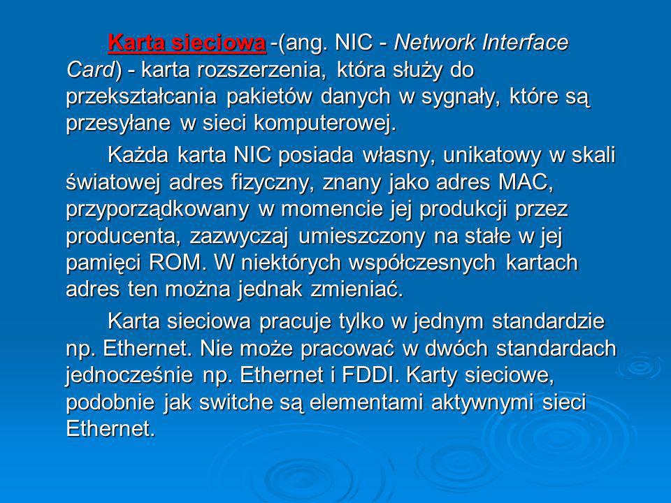 Karta sieciowa -(ang. NIC - Network Interface Card) - karta rozszerzenia, która służy do przekształcania pakietów danych w sygnały, które są przesyłane w sieci komputerowej.