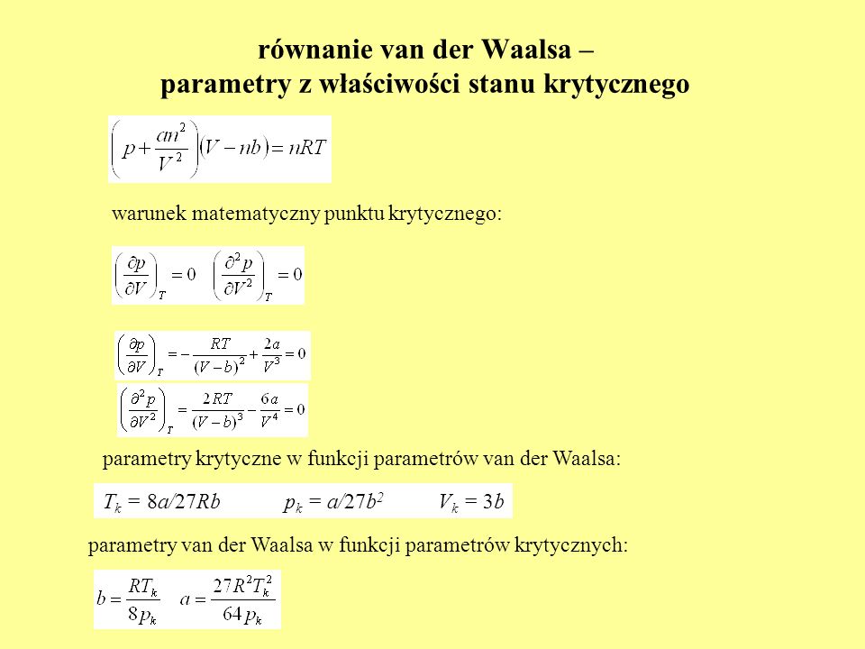 równanie van der Waalsa – parametry z właściwości stanu krytycznego