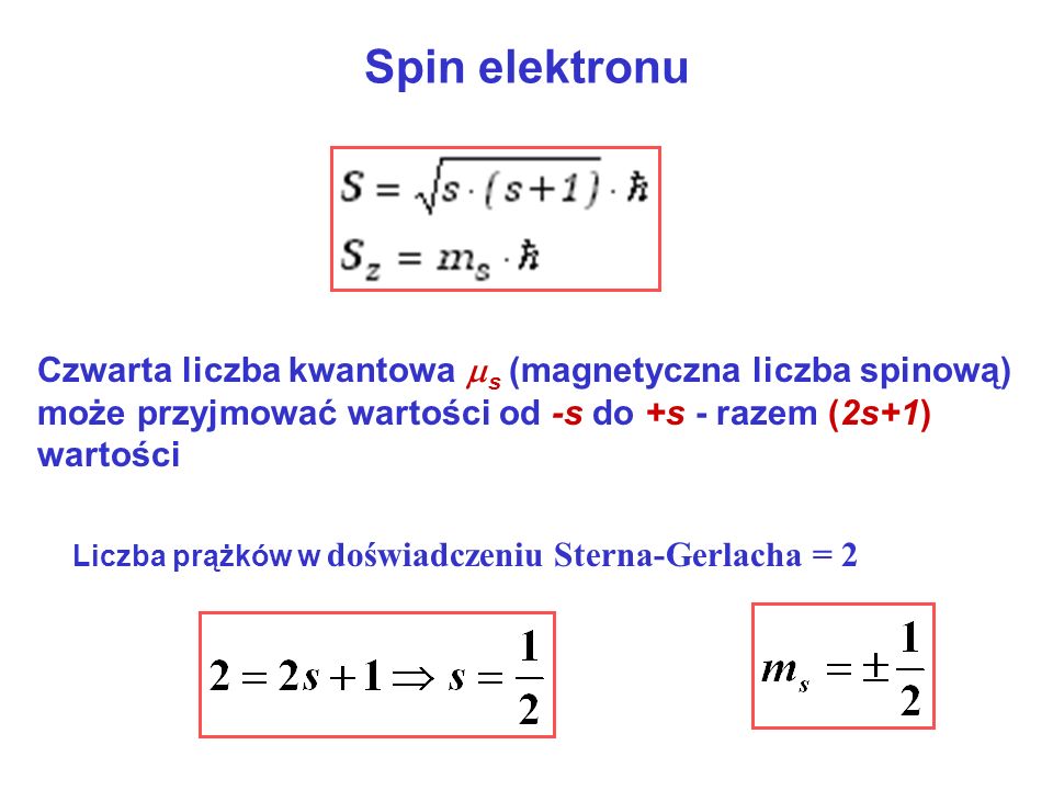 Spin elektronu Czwarta liczba kwantowa s (magnetyczna liczba spinową) może przyjmować wartości od -s do +s - razem (2s+1) wartości.