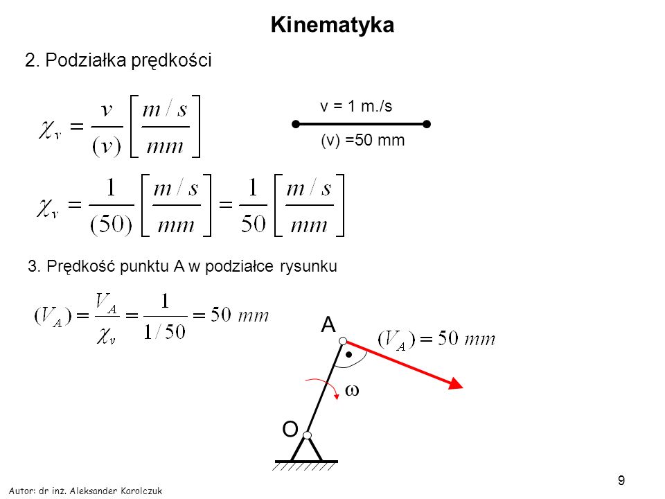 Kinematyka A w O 2. Podziałka prędkości v = 1 m./s (v) =50 mm