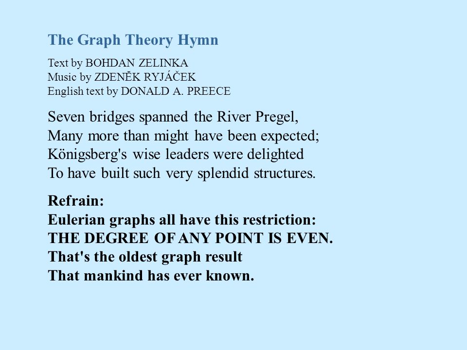 The Graph Theory Hymn Text by BOHDAN ZELINKA Music by ZDENĔK RYJÁČEK English text by DONALD A. PREECE.