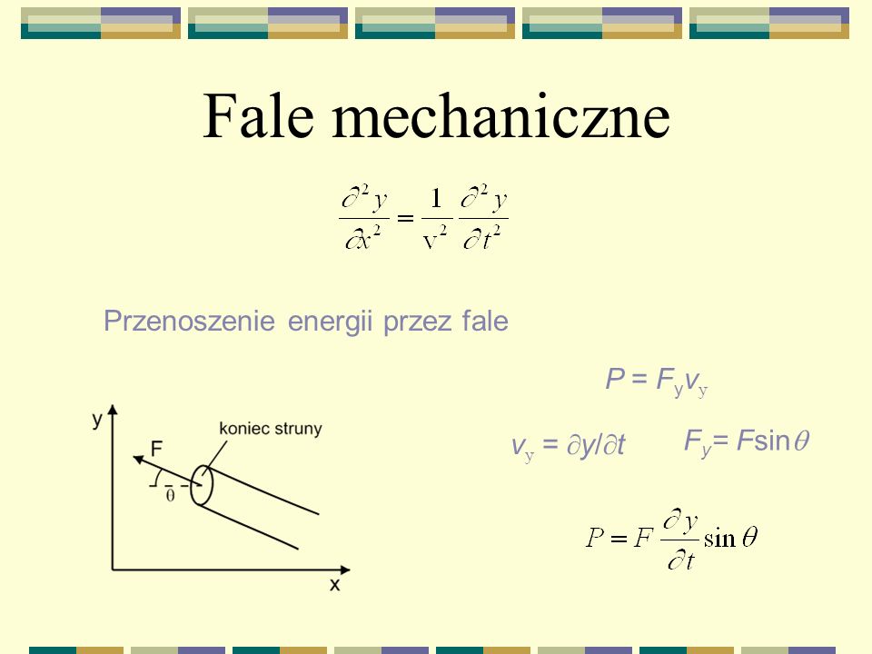 Fale mechaniczne Przenoszenie energii przez fale P = Fyvy Fy= Fsinq