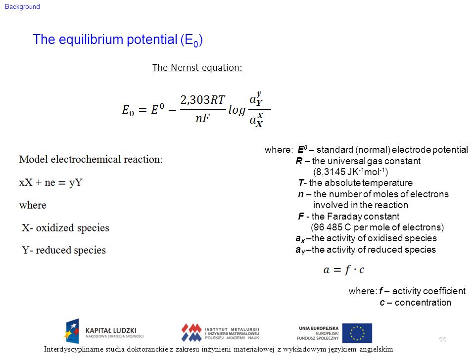 The equilibrium potential (E0)