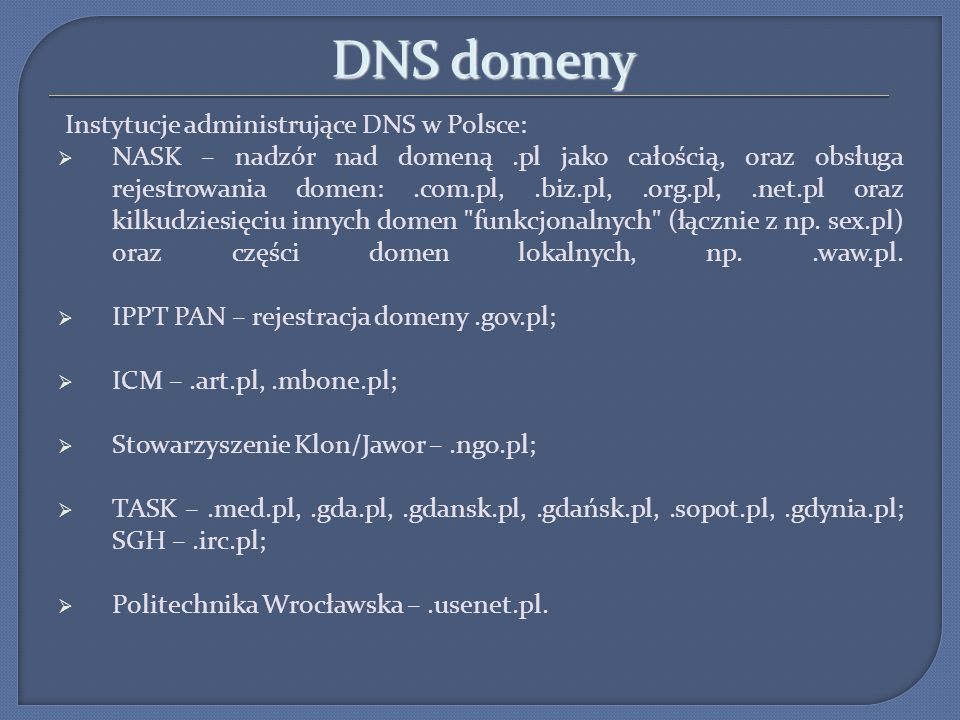 DNS domeny Instytucje administrujące DNS w Polsce:
