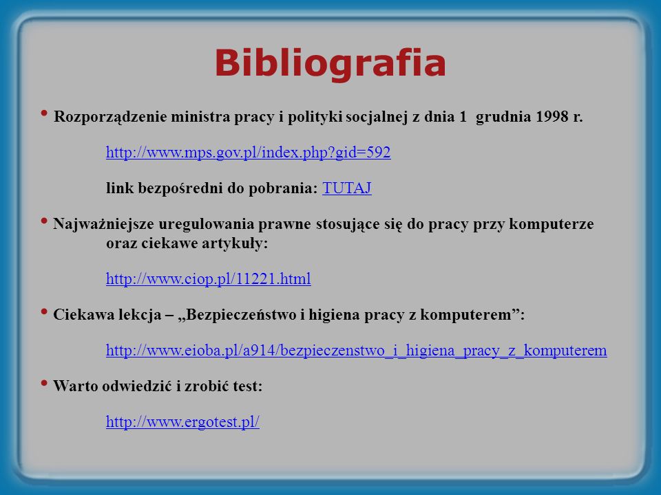 Bibliografia Rozporządzenie ministra pracy i polityki socjalnej z dnia 1 grudnia 1998 r.   gid=592.