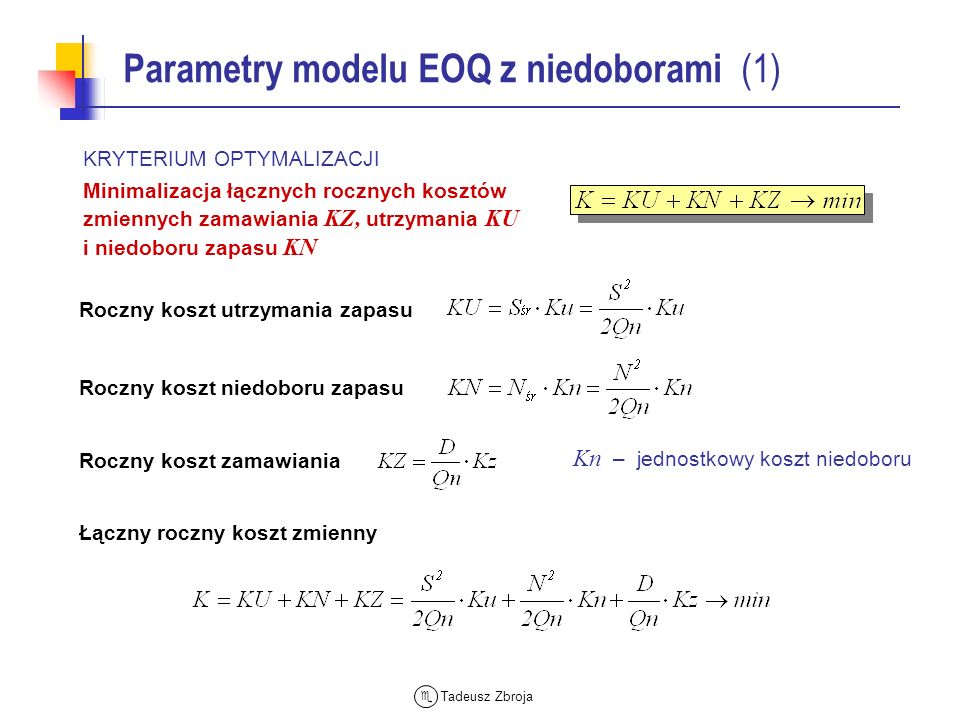 Parametry modelu EOQ z niedoborami (1)