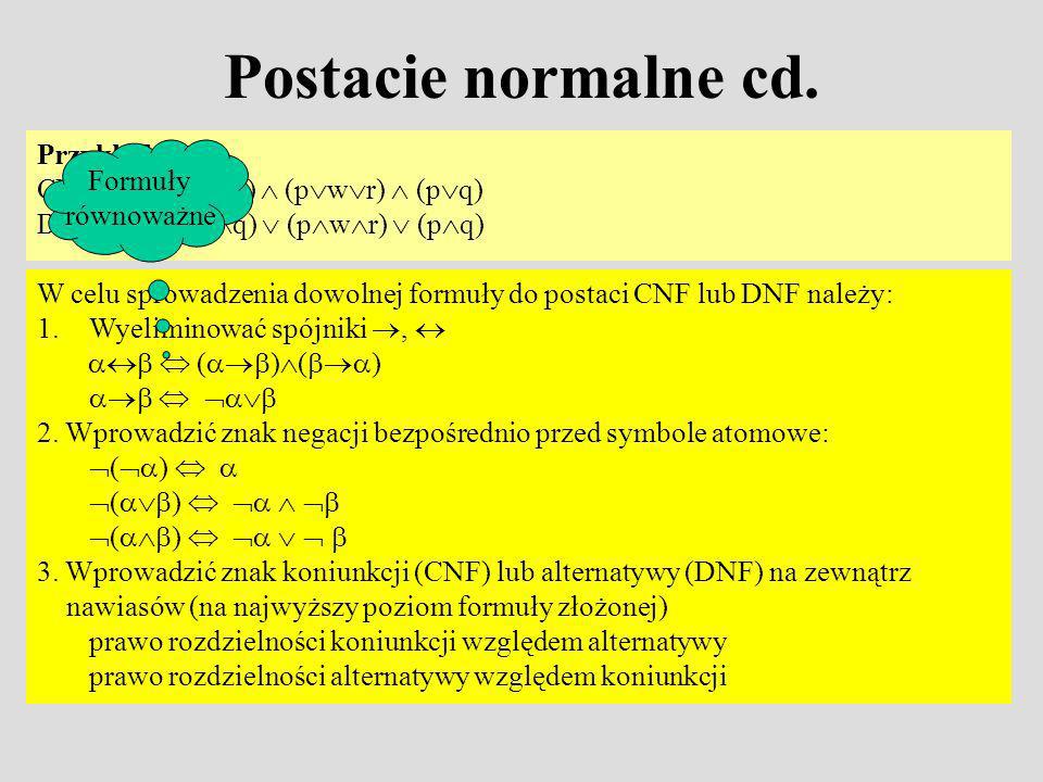 Postacie normalne cd. Przykłady CNF (pprq)  (pwr)  (pq)