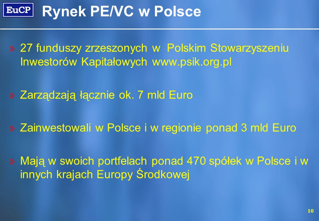 Rynek PE/VC w Polsce 27 funduszy zrzeszonych w Polskim Stowarzyszeniu Inwestorów Kapitałowych