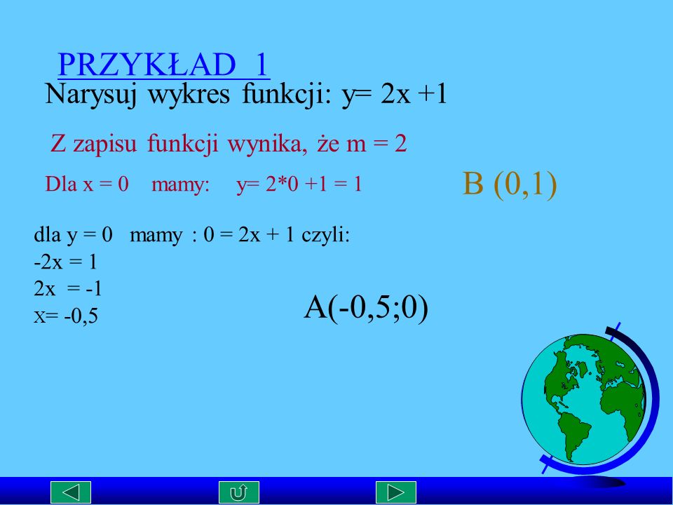 PRZYKŁAD 1 B (0,1) A(-0,5;0) Narysuj wykres funkcji: y= 2x +1