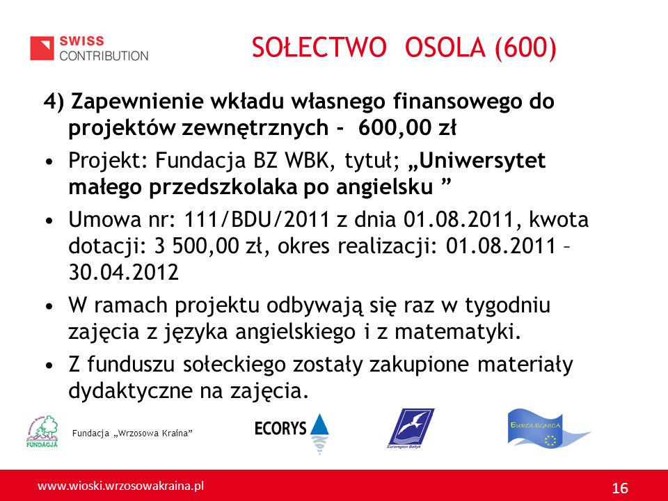 SOŁECTWO OSOLA (600) 4) Zapewnienie wkładu własnego finansowego do projektów zewnętrznych - 600,00 zł.