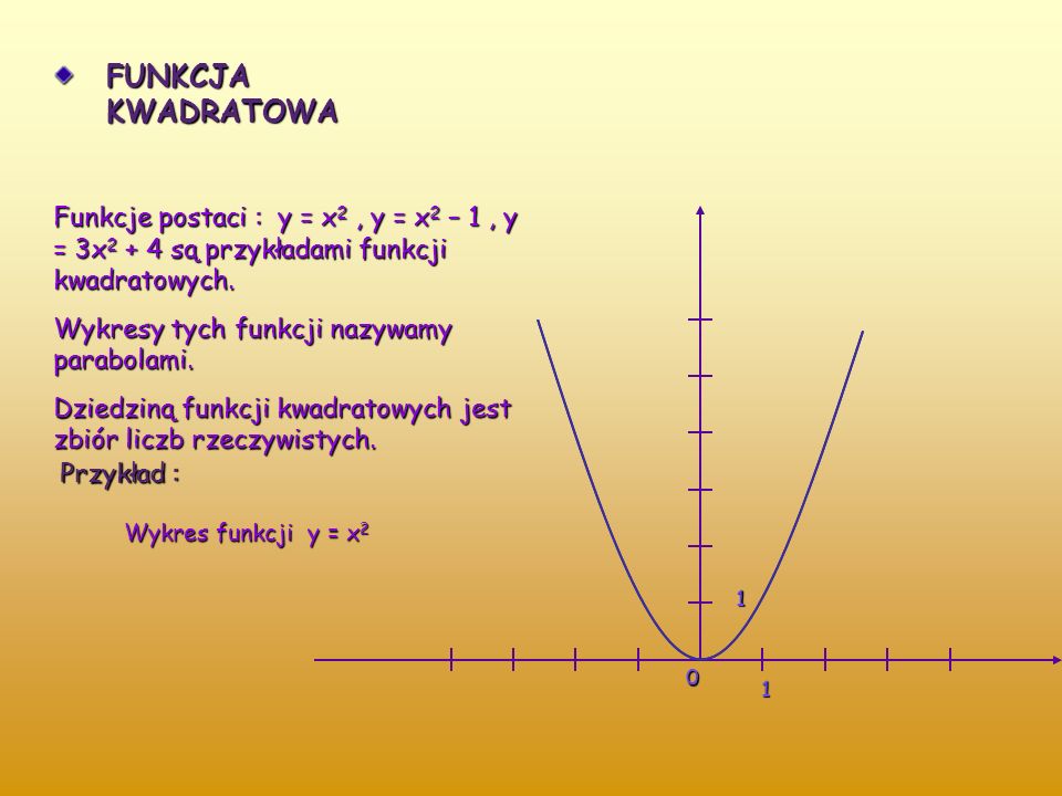 FUNKCJA KWADRATOWA Funkcje postaci : y = x2 , y = x2 – 1 , y = 3x2 + 4 są przykładami funkcji kwadratowych.