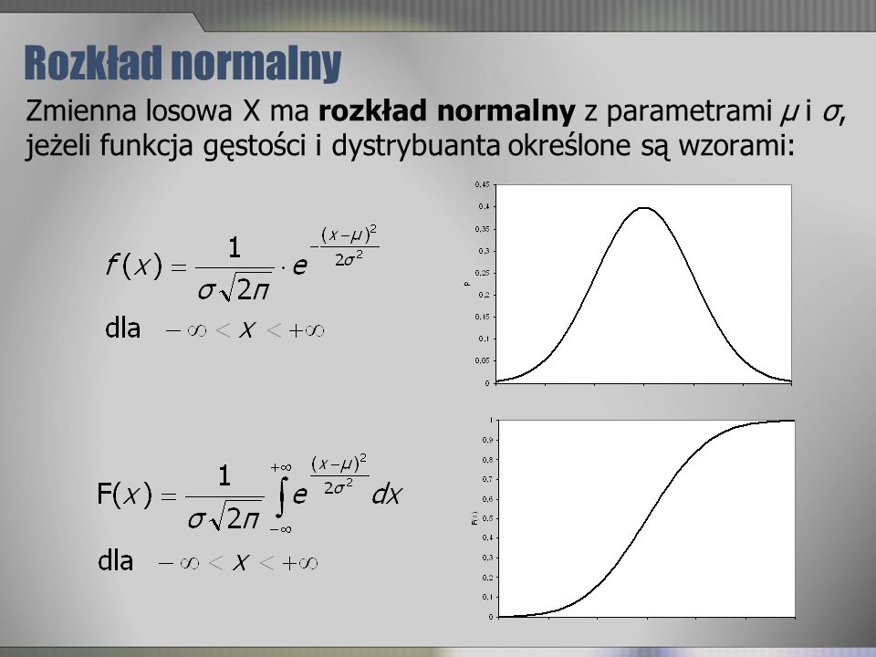 Rozkład normalny Zmienna losowa X ma rozkład normalny z parametrami μ i σ, jeżeli funkcja gęstości i dystrybuanta określone są wzorami: