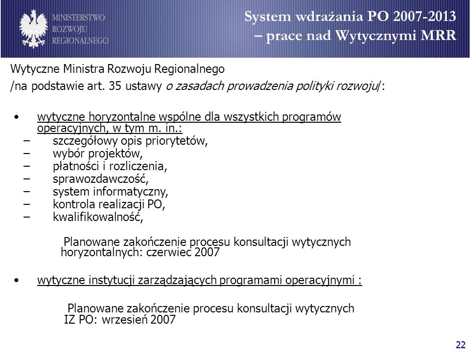 System wdrażania PO – prace nad Wytycznymi MRR