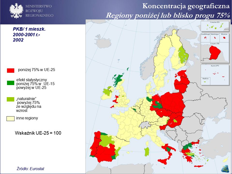 Koncentracja geograficzna Regiony poniżej lub blisko progu 75%