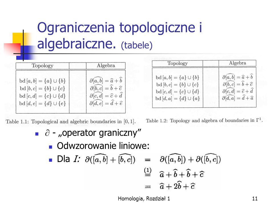 Ograniczenia topologiczne i algebraiczne. (tabele)