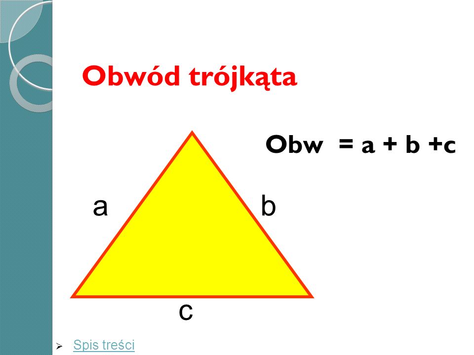 Obwód trójkąta Obw = a + b +c a b c Spis treści