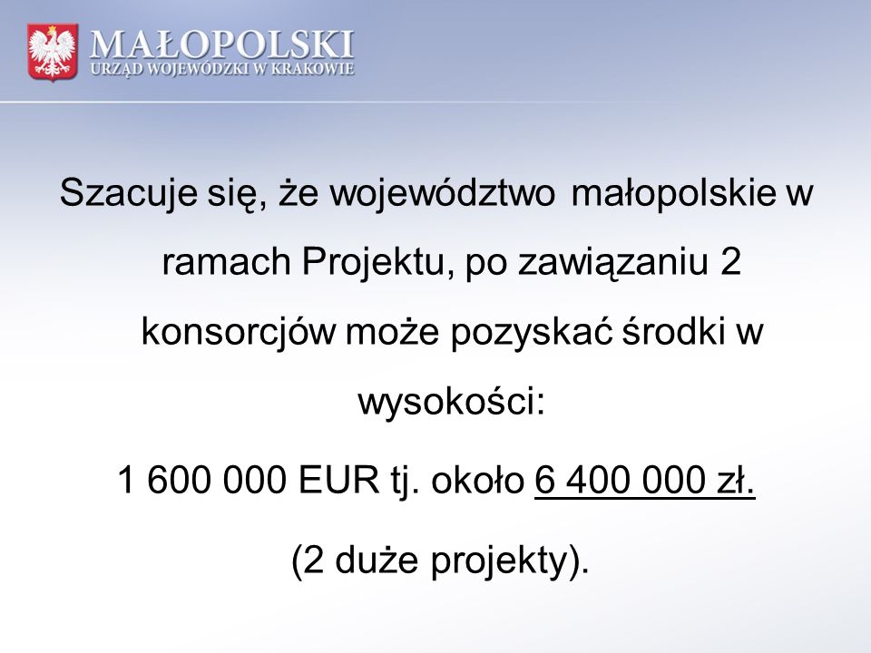 Szacuje się, że województwo małopolskie w ramach Projektu, po zawiązaniu 2 konsorcjów może pozyskać środki w wysokości: EUR tj.