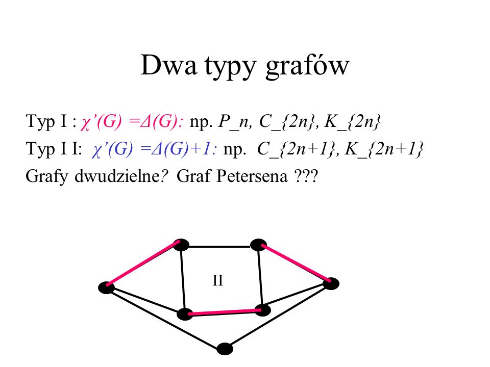 Dwa typy grafów Typ I : χ’(G) =Δ(G): np. P_n, C_{2n}, K_{2n}