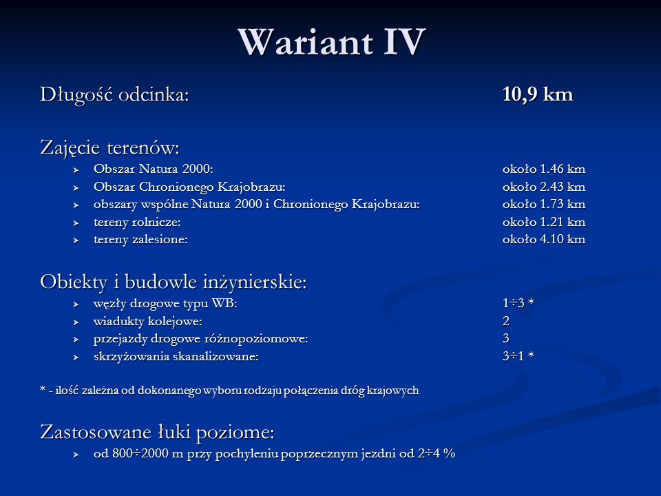 Wariant IV Długość odcinka: 10,9 km Zajęcie terenów: