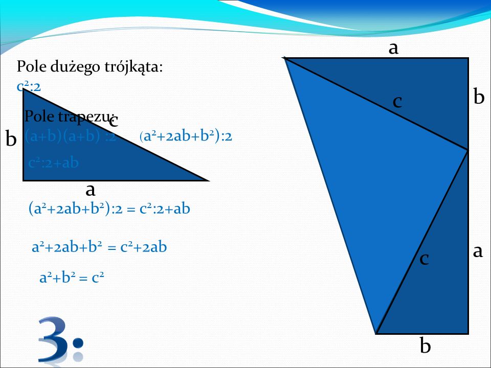 a b c c b a a c b Pole dużego trójkąta: c2:2 Pole trapezu: