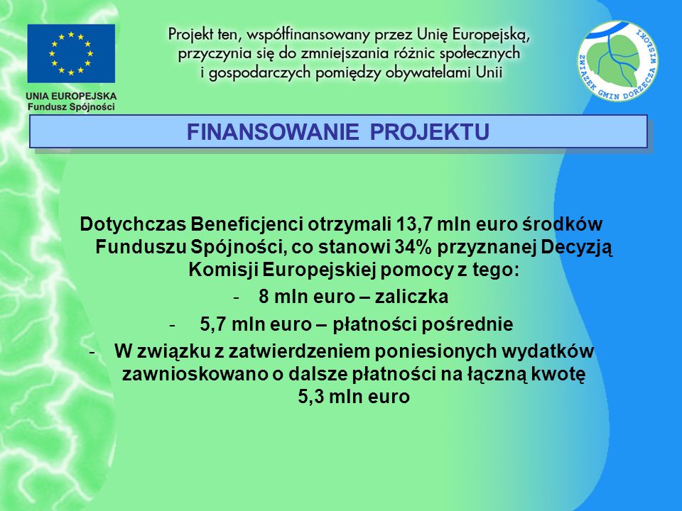 FINANSOWANIE PROJEKTU 5,7 mln euro – płatności pośrednie