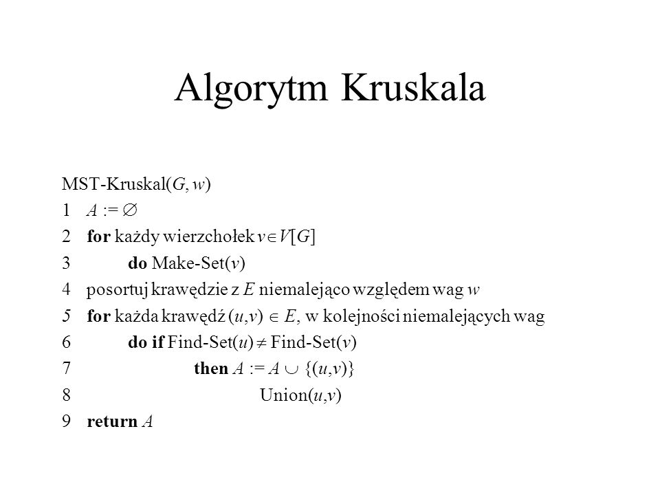 Algorytm Kruskala MST-Kruskal(G, w) 1 A := 