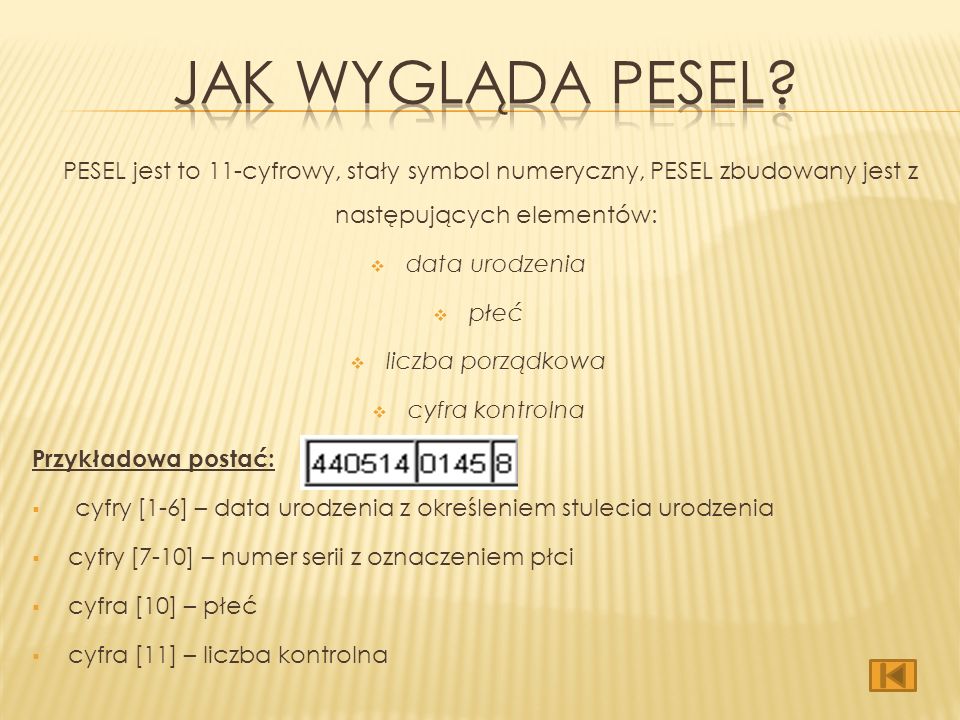 Jak wygląda pesel PESEL jest to 11-cyfrowy, stały symbol numeryczny, PESEL zbudowany jest z następujących elementów: